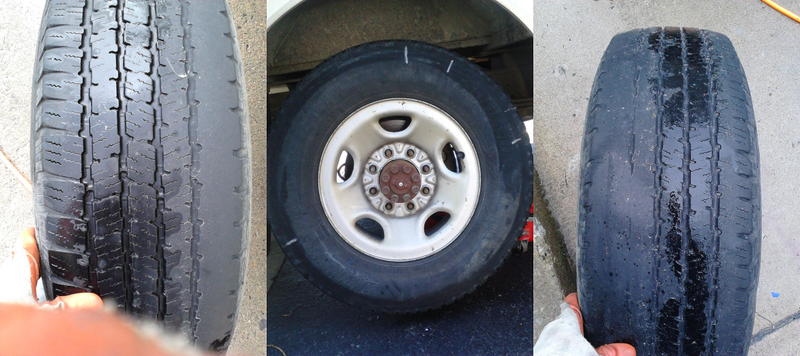 Left and right: front tires. Center: one of the rear wheels. Those four silver lines on the sidewall? Yeah, those are pointing to repair plug locations in the tread.
